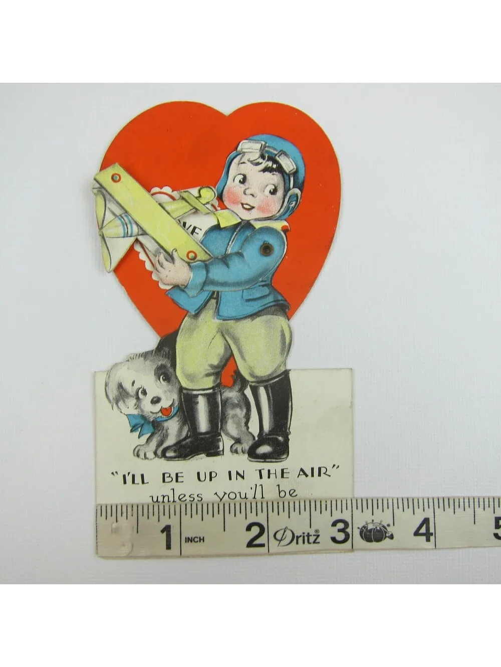 Vintage Valentine Card Mechanical Boy Pilot & Puppy Dog Toy Biplane Moves Heart